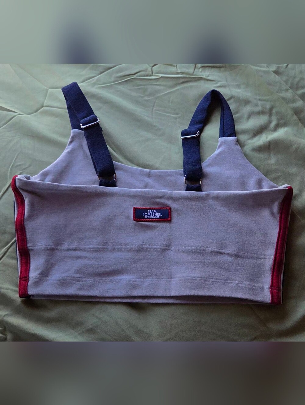 Bombshell Sportswear Gray Sports Bra with Blue Straps